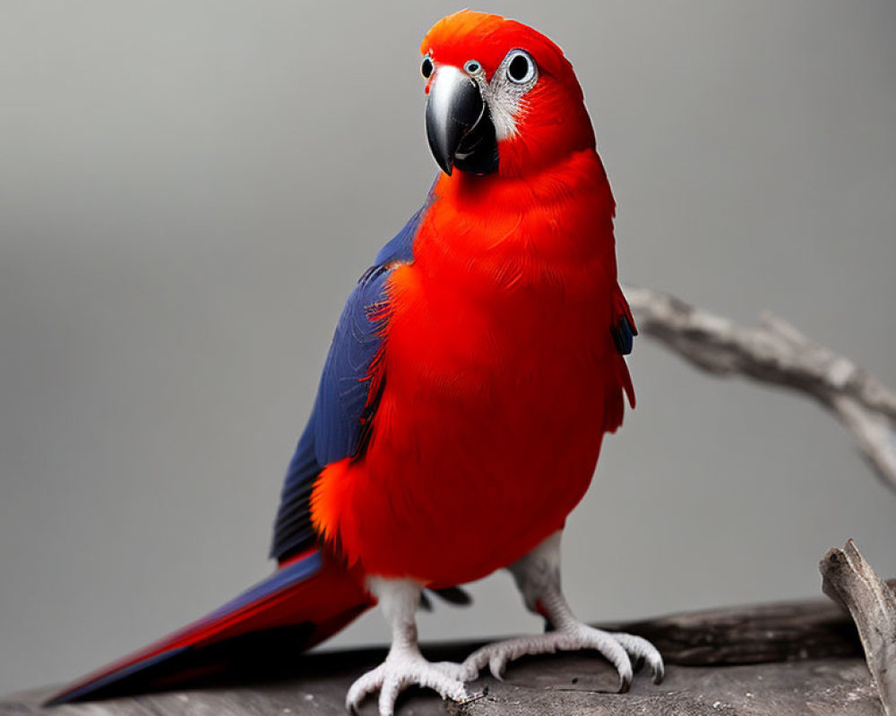 Colorful Red Parrot with Blue Wing Tips Perched on Branch