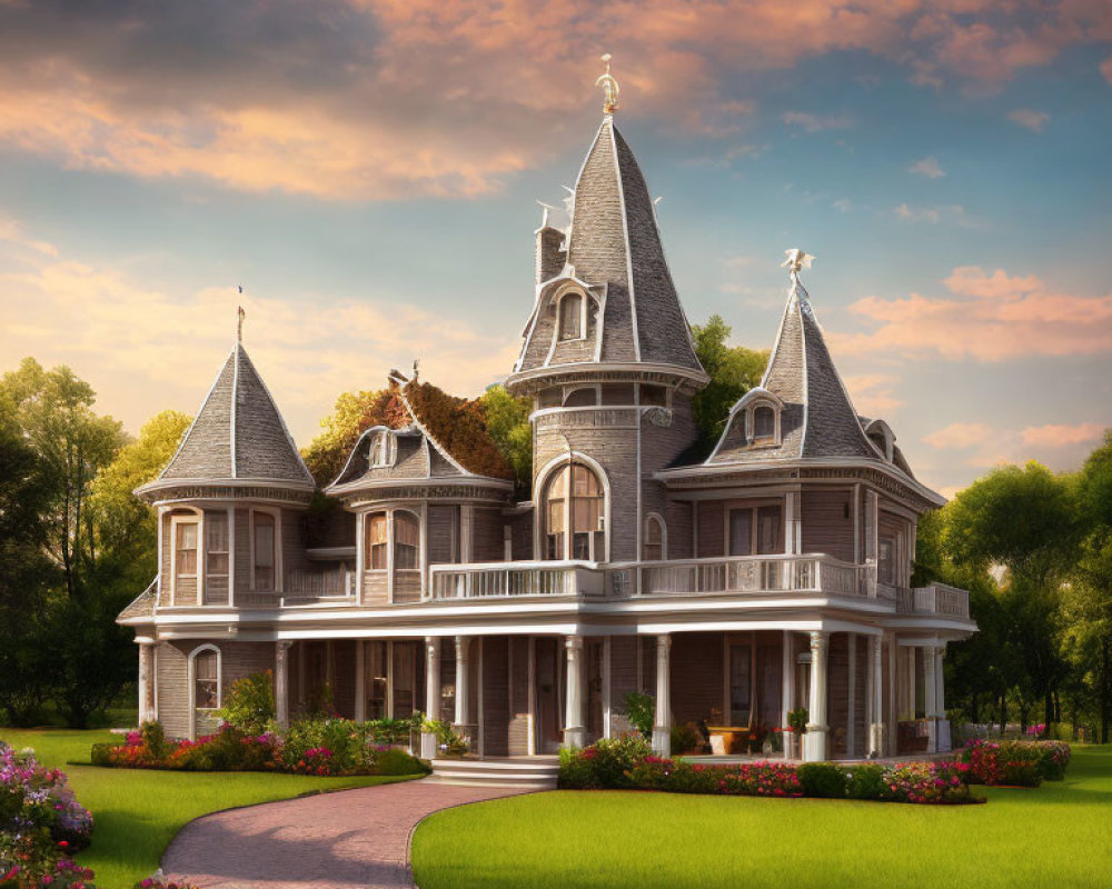 Victorian Mansion with Turrets and Wraparound Porch in Sunset Garden