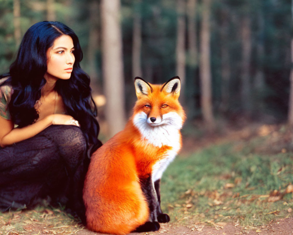 Woman with long dark hair and orange fox in forest scene