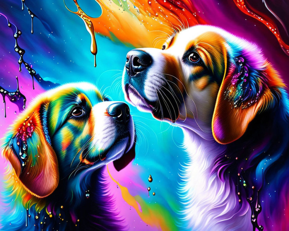 Colorful Beagle Puppies on Abstract Painted Background