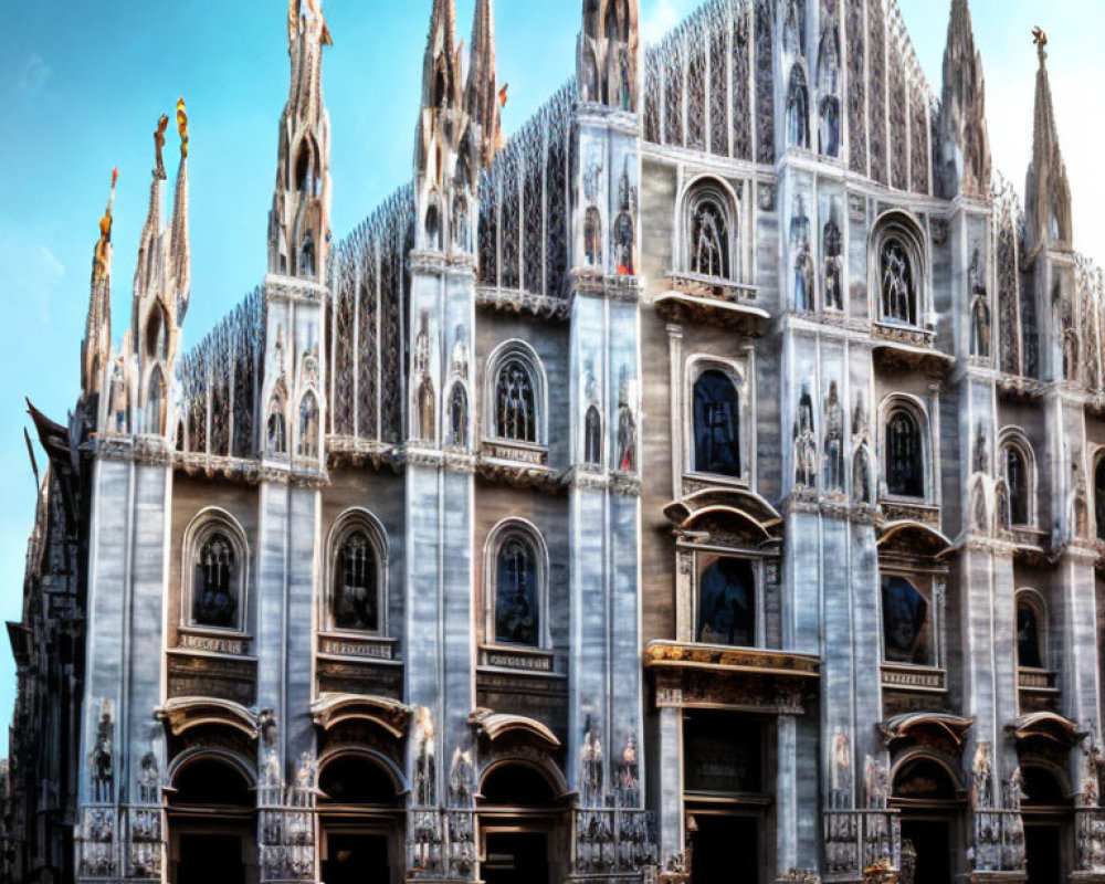 Ornate Gothic Cathedral Facade with Spires, Sculptures, Arched Windows, and Crowd