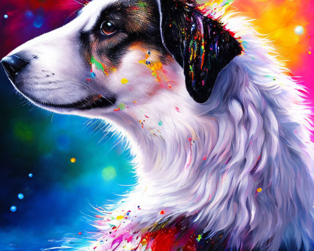 Vibrant Paint Splashes on Dog Portrait with Colorful Background