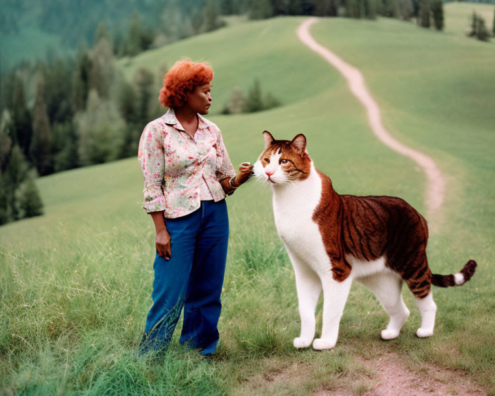 Woman standing in grassy field with giant cat and trees in background