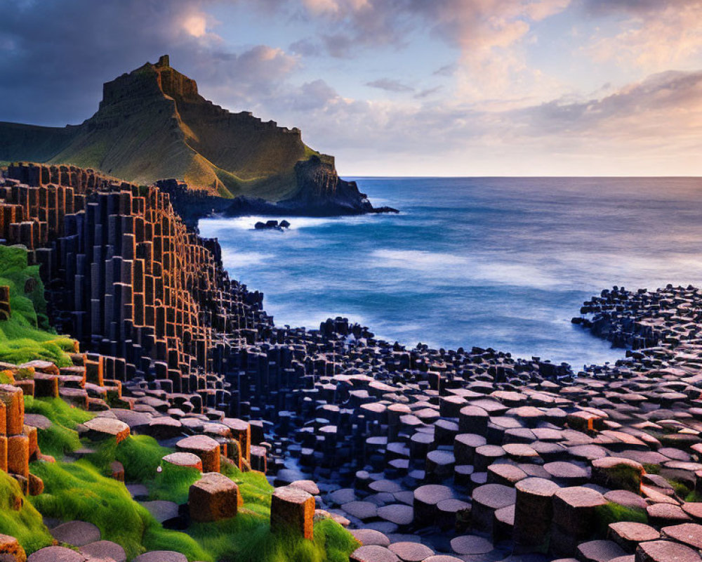 Hexagonal basalt columns at Giant's Causeway under sunset glow