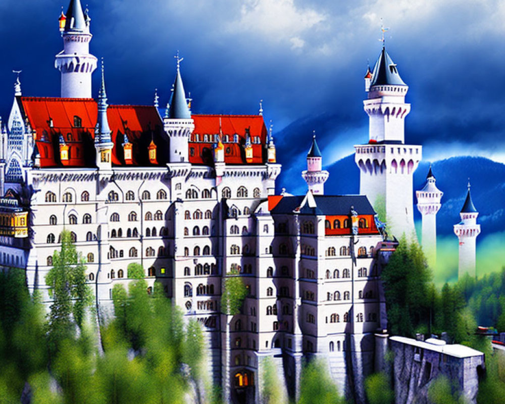 Majestic fairytale castle on cliff with spires, forest backdrop