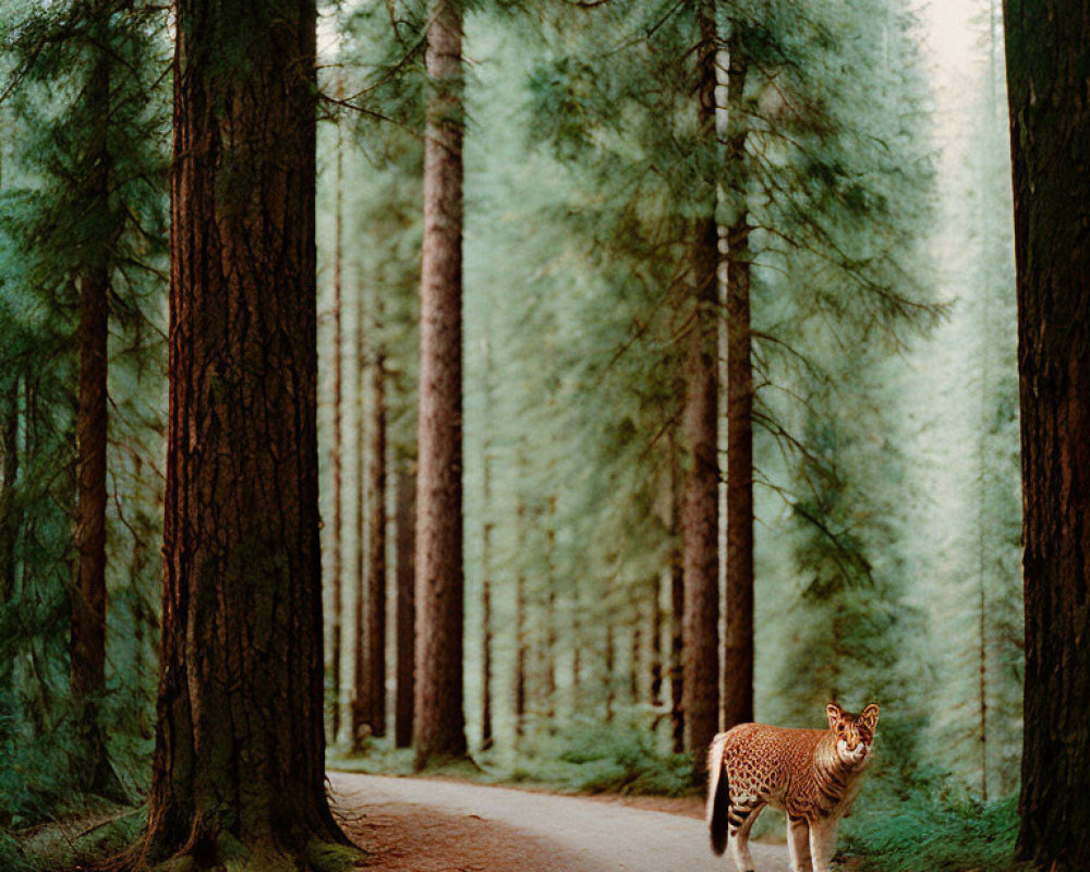 Solitary cheetah in lush forest with coniferous trees