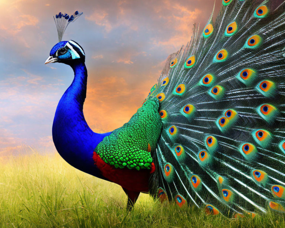 Colorful peacock displaying tail feathers in grassy field at dusk