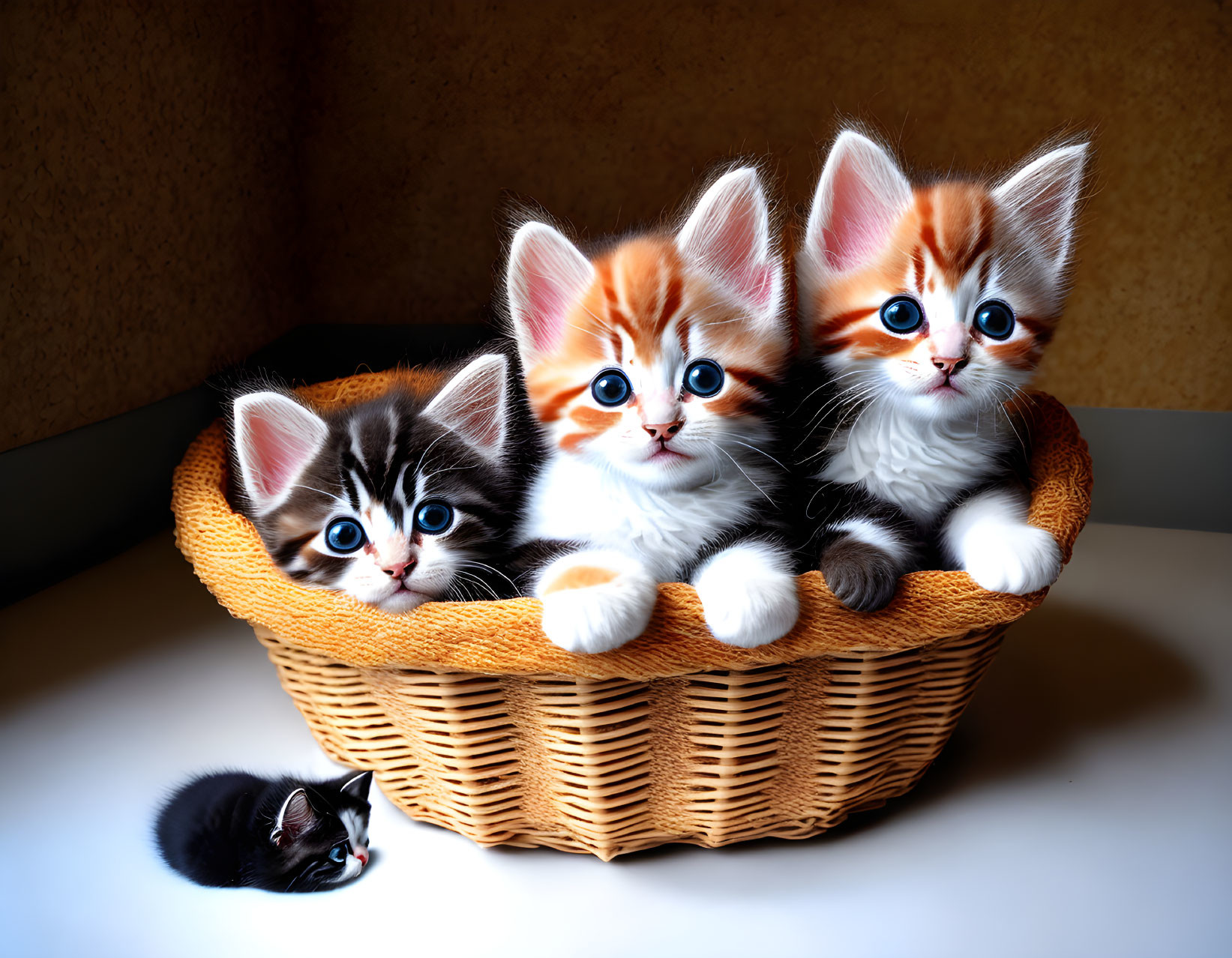 Four cute kittens in a basket and one outside, all with expressive eyes