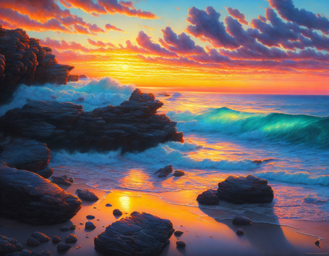 Vivid Sunset Over Ocean: Radiant Clouds, Crashing Waves, Warm Sand Reflection