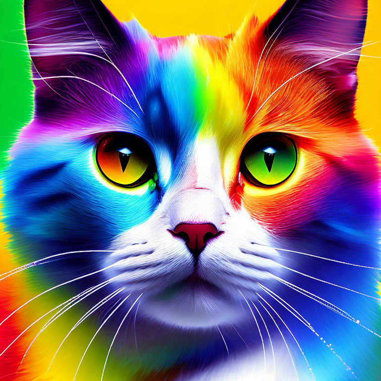 Colorful Digital Art: Rainbow Cat with Yellow Eyes