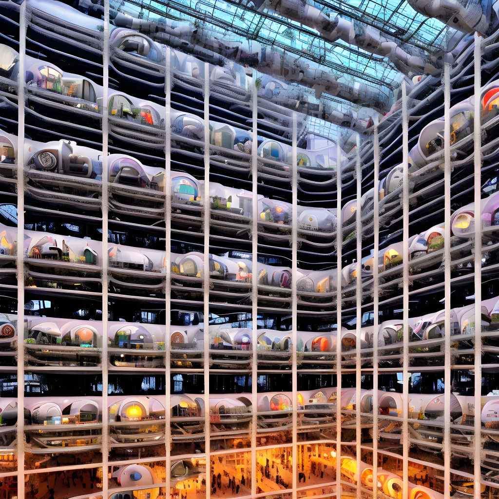 Colorful Cars in Multi-Story Car Park at Twilight