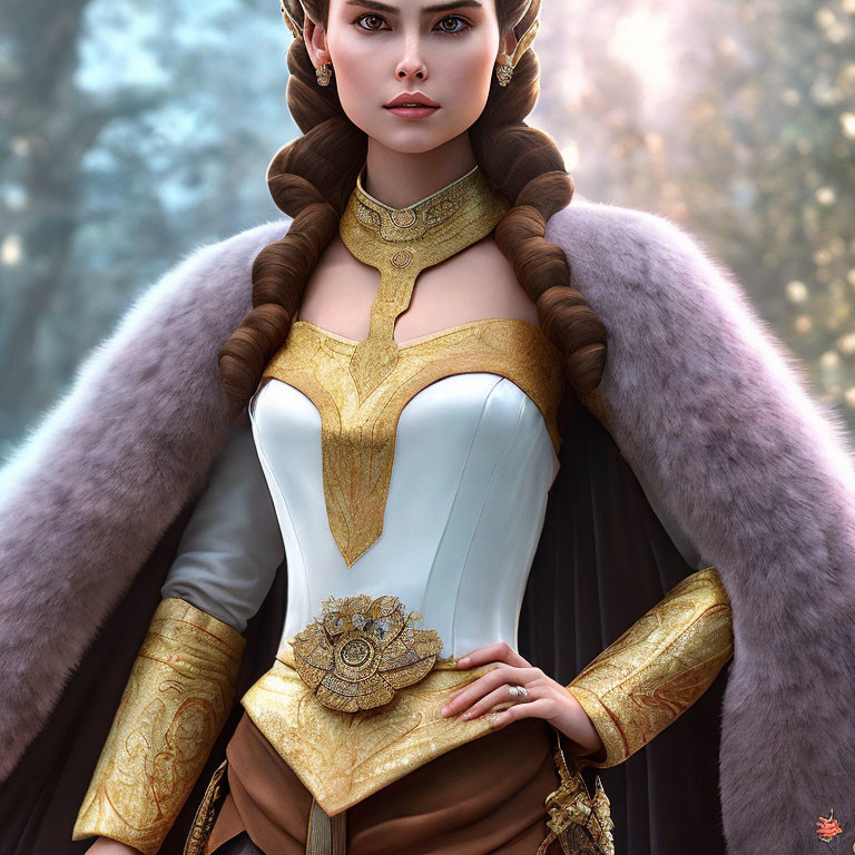 CGI image of regal woman in gold-accented corset, fur cape, and bra