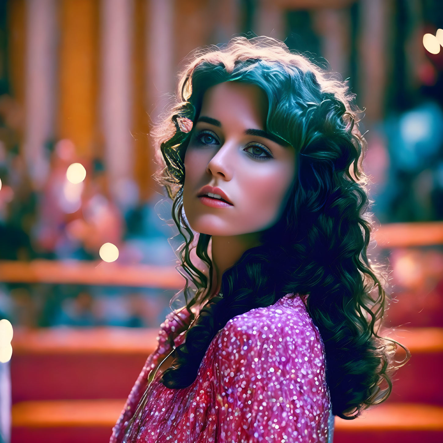 Curly-haired woman in pink sequined dress in warm-lit room