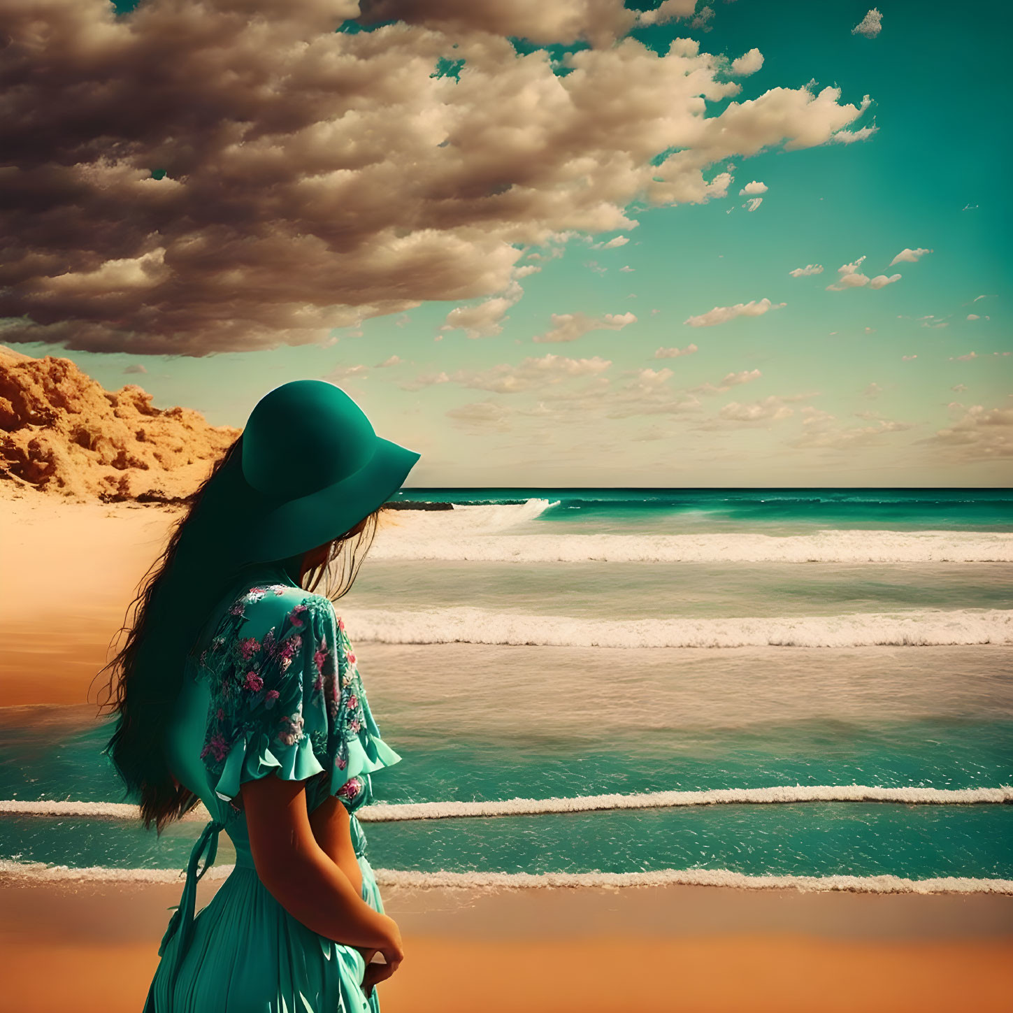 Woman in teal dress and wide-brimmed hat admiring serene beach scene