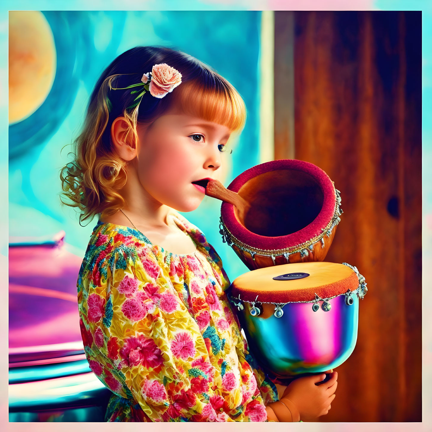 Curly-Haired Child with Drum and Floral Dress in Vibrant Setting