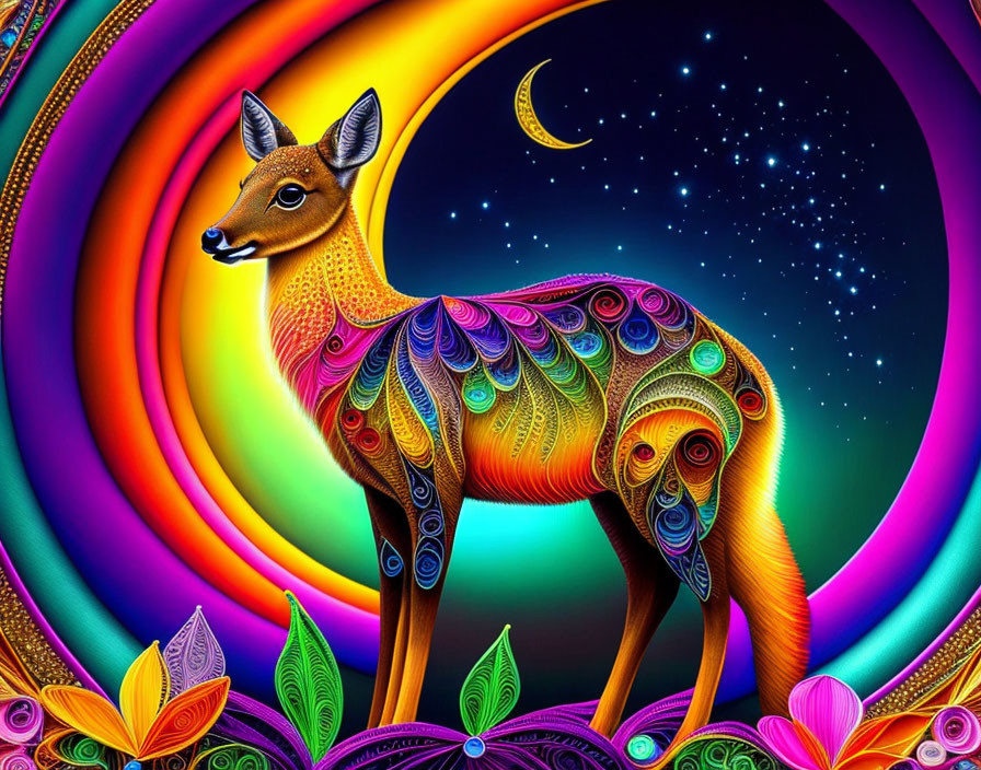 Colorful Psychedelic Deer Illustration with Intricate Patterns and Celestial Background