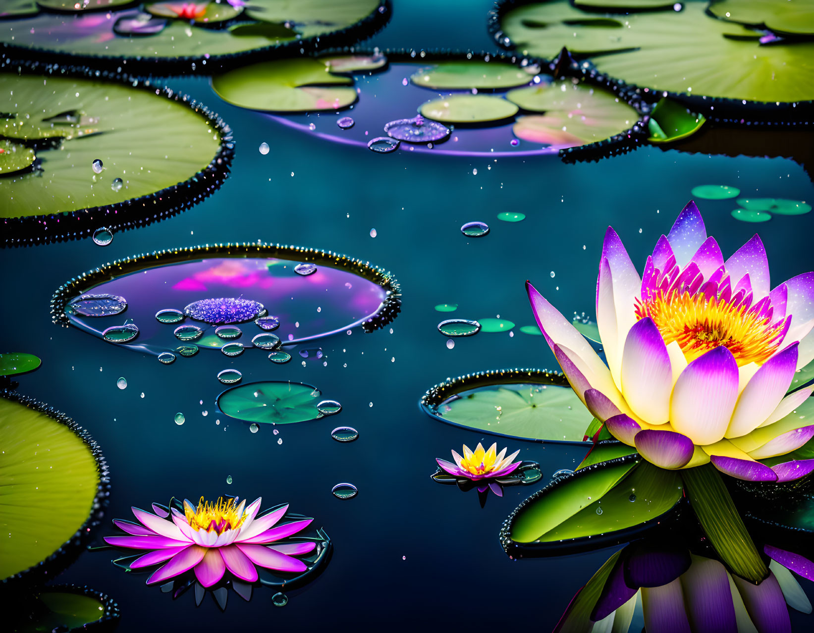 Colorful Water Lilies and Lily Pads in Tranquil Pond