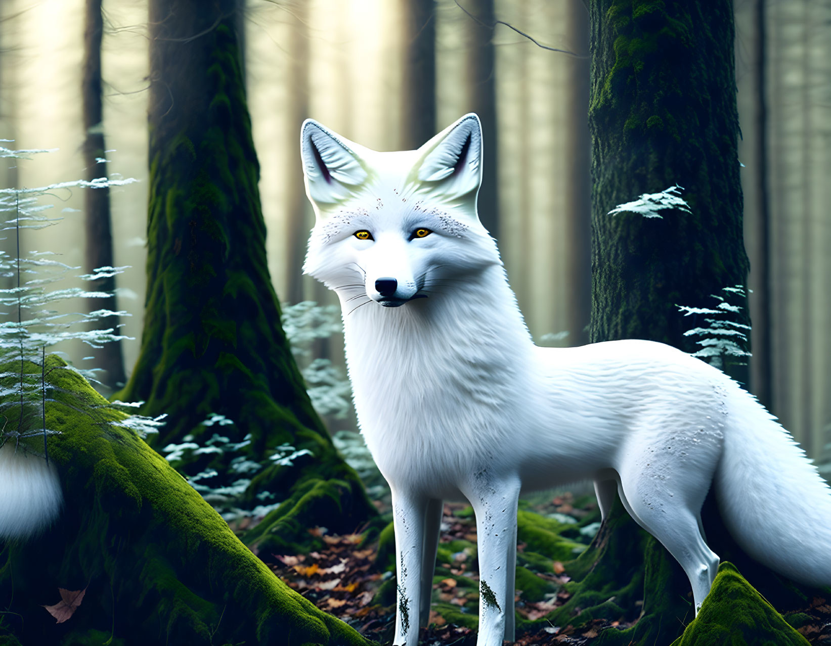 White Fox in Misty Forest with Moss-Covered Trees and Blue Ambiance