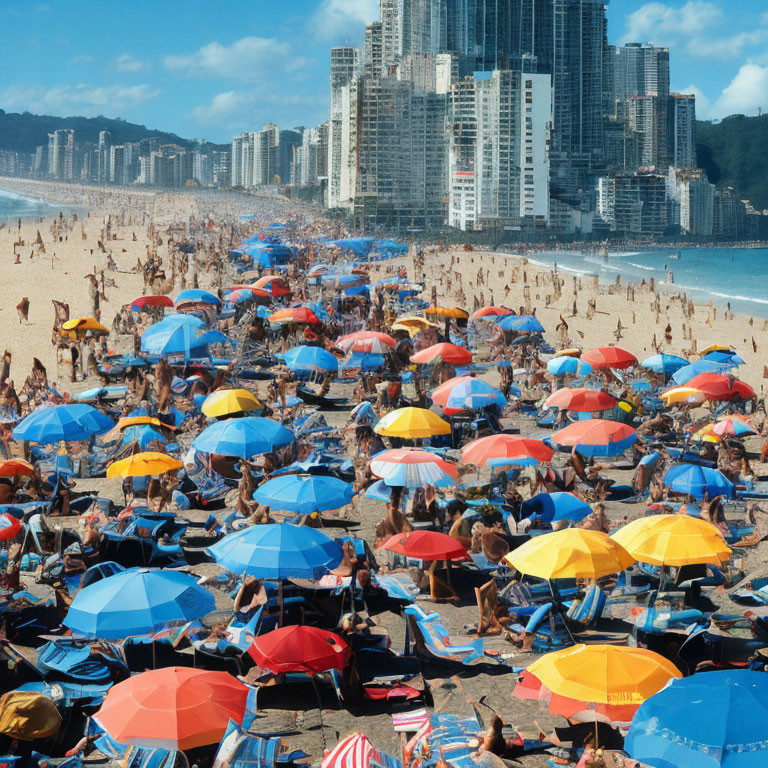 Vibrant beach scene with colorful umbrellas and sunbathers