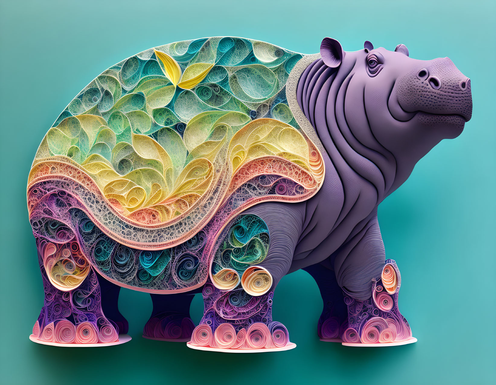 Vibrant digital artwork of a patterned hippopotamus on teal background