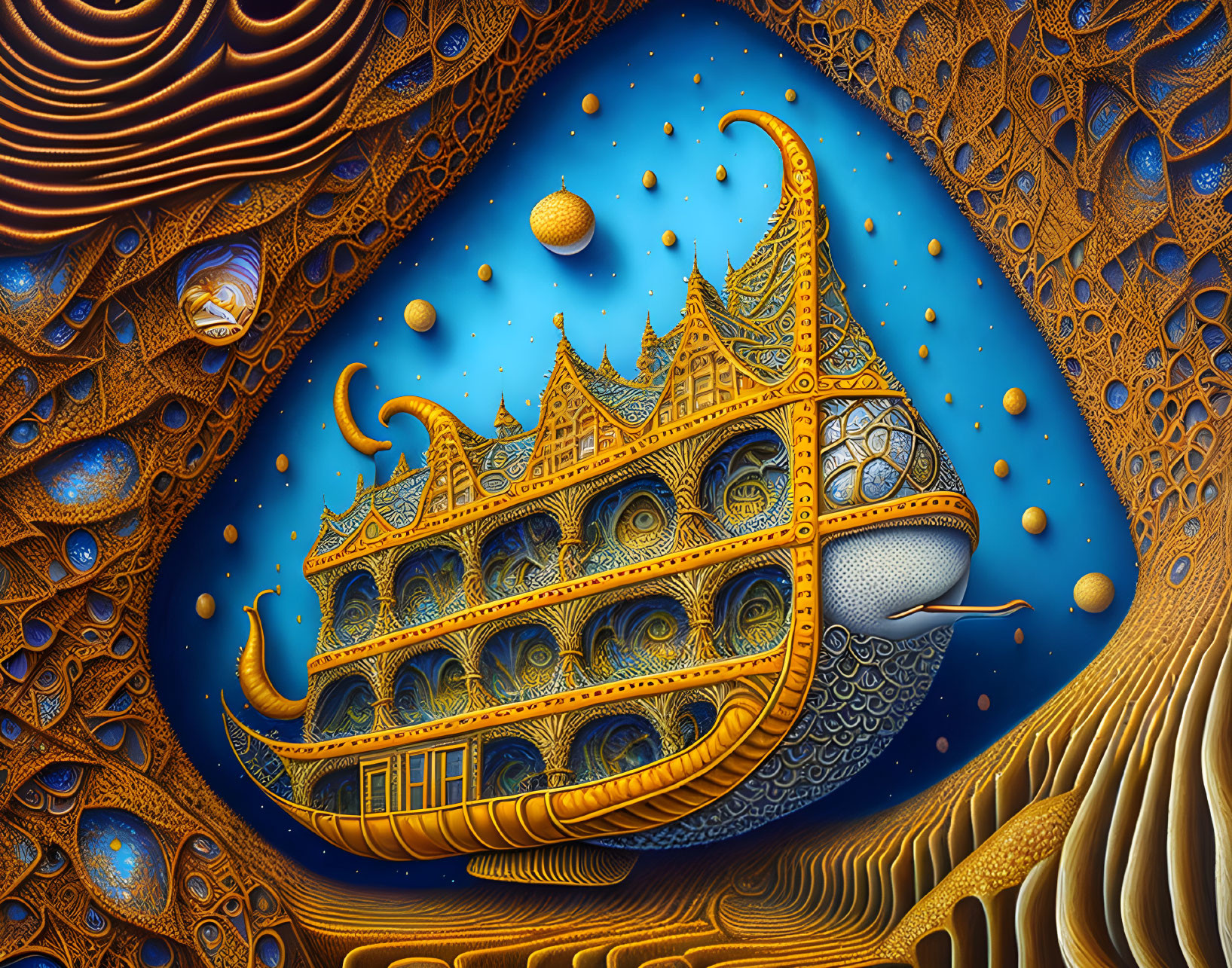 Fantastical golden ship in starry night sky with celestial orbs