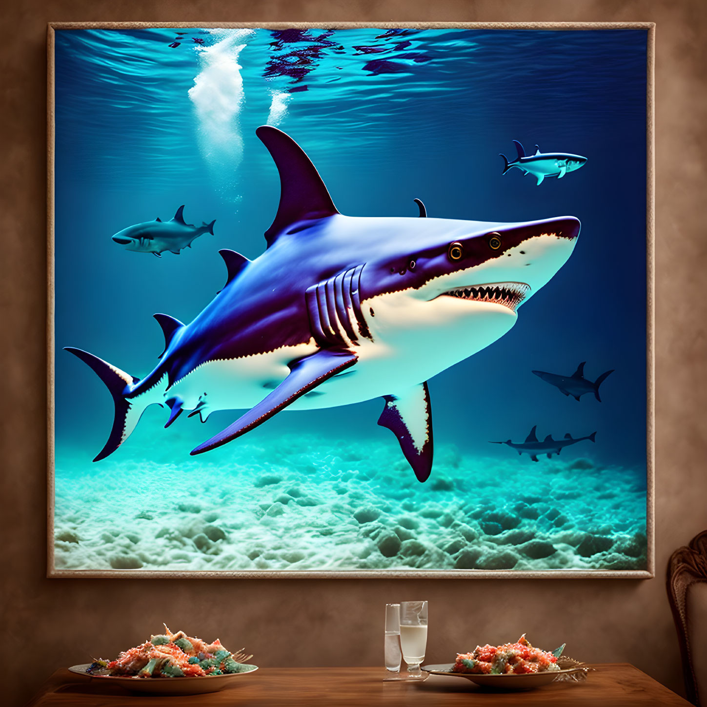 Vibrant underwater scene with shark picture above dining setup