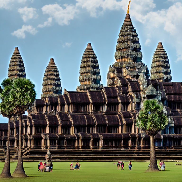 Iconic Angkor Wat Temple Surrounded by Trees and Tourists