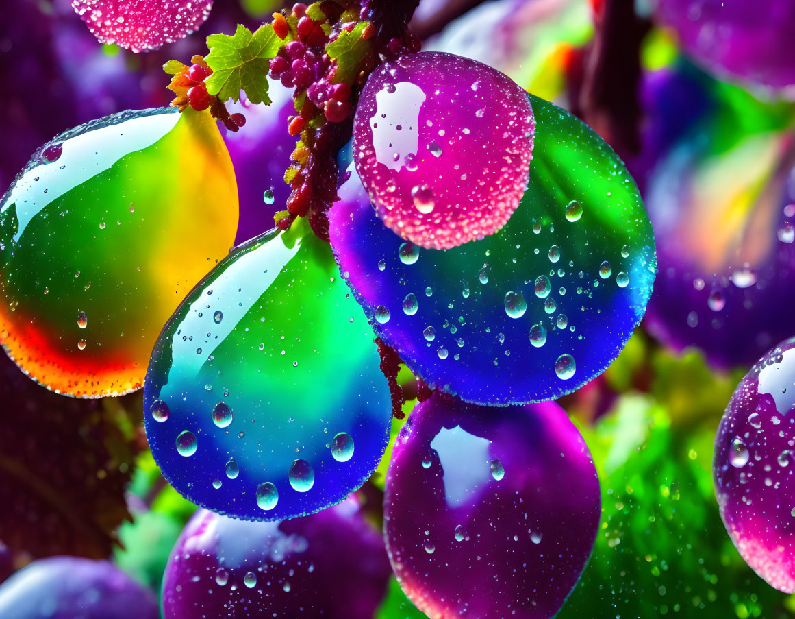 Vibrant Water Droplets on Colorful Grape Vine