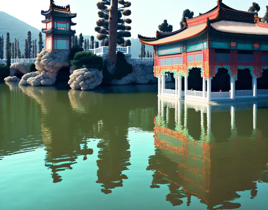 Traditional Chinese Pavilions Reflecting in Calm Water