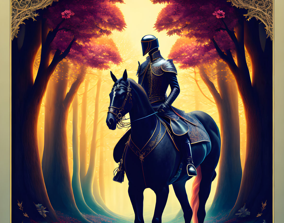 Knight in full armor on black horse in mystical forest with pink blossomed trees