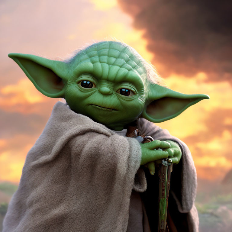 Yoda Close-Up with Sunset Backdrop and Wise Expression