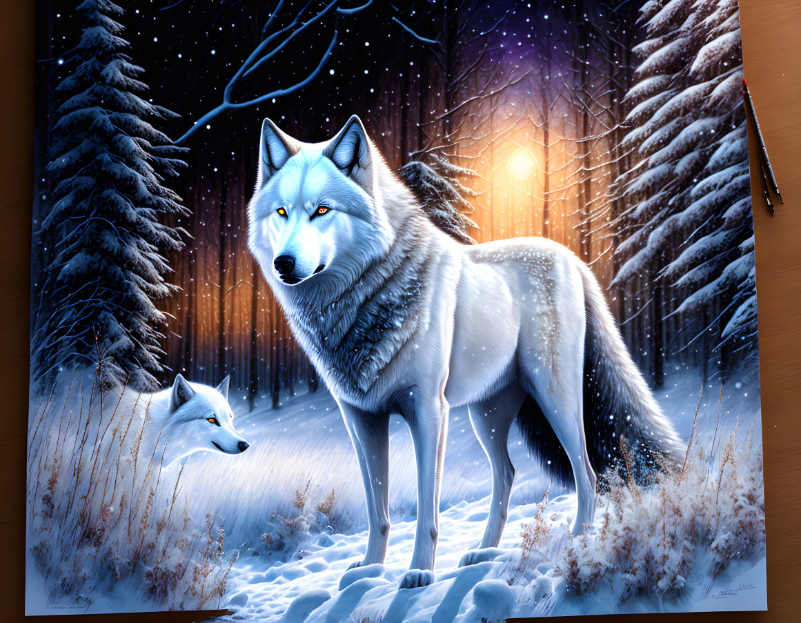 Two wolves in snowy landscape with glowing lantern and falling snowflakes