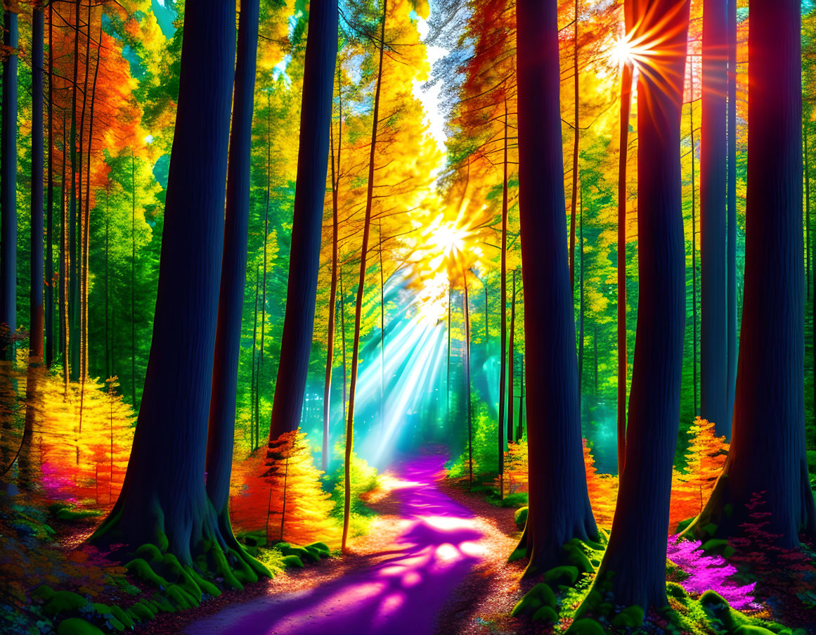 Lush Forest with Tall Trees and Sunburst Creating Radiant Light Spectrum