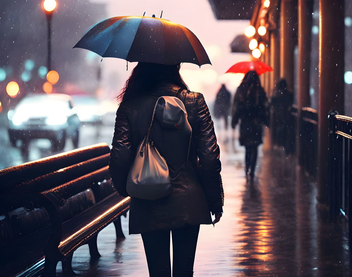 Person with backpack walking in rainy city street at twilight