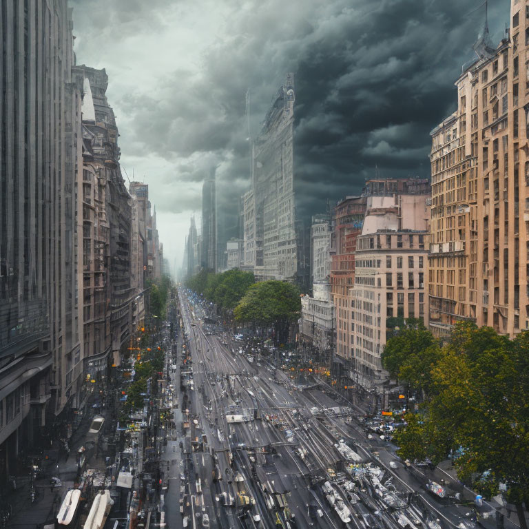 Bustling city street with towering buildings under stormy sky