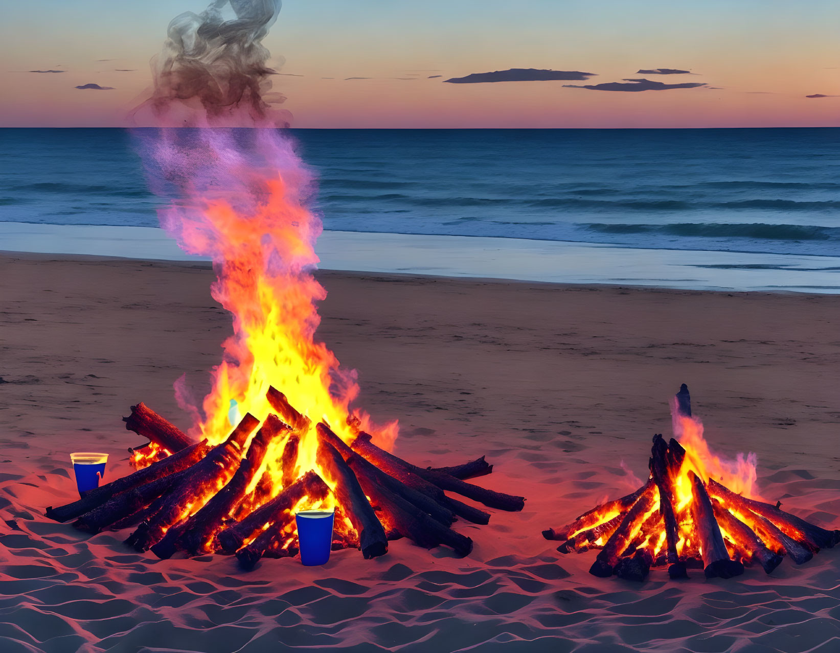 Scenic beach bonfire at dusk with flames, ocean, sky, and cups