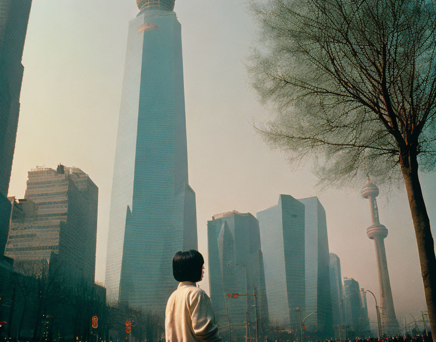 Cityscape with skyscrapers and distinct tower under hazy sky, surrounded by trees and buildings.