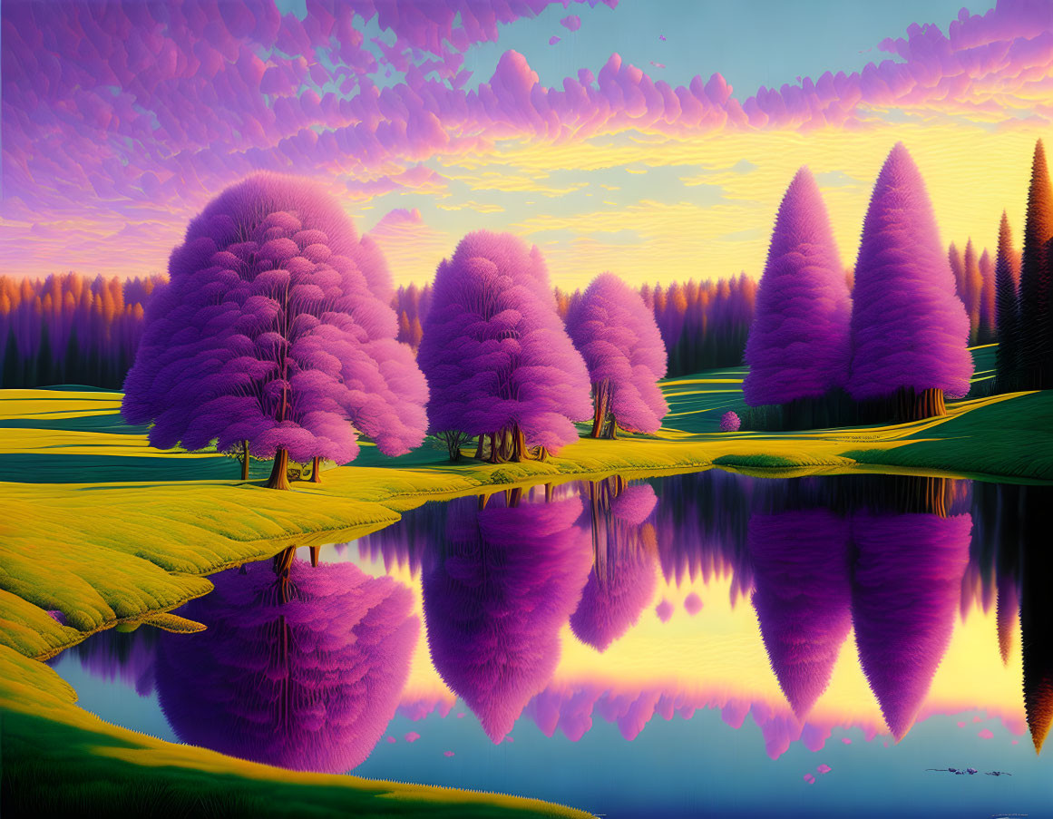 Surreal purple trees in vibrant landscape with reflective lake