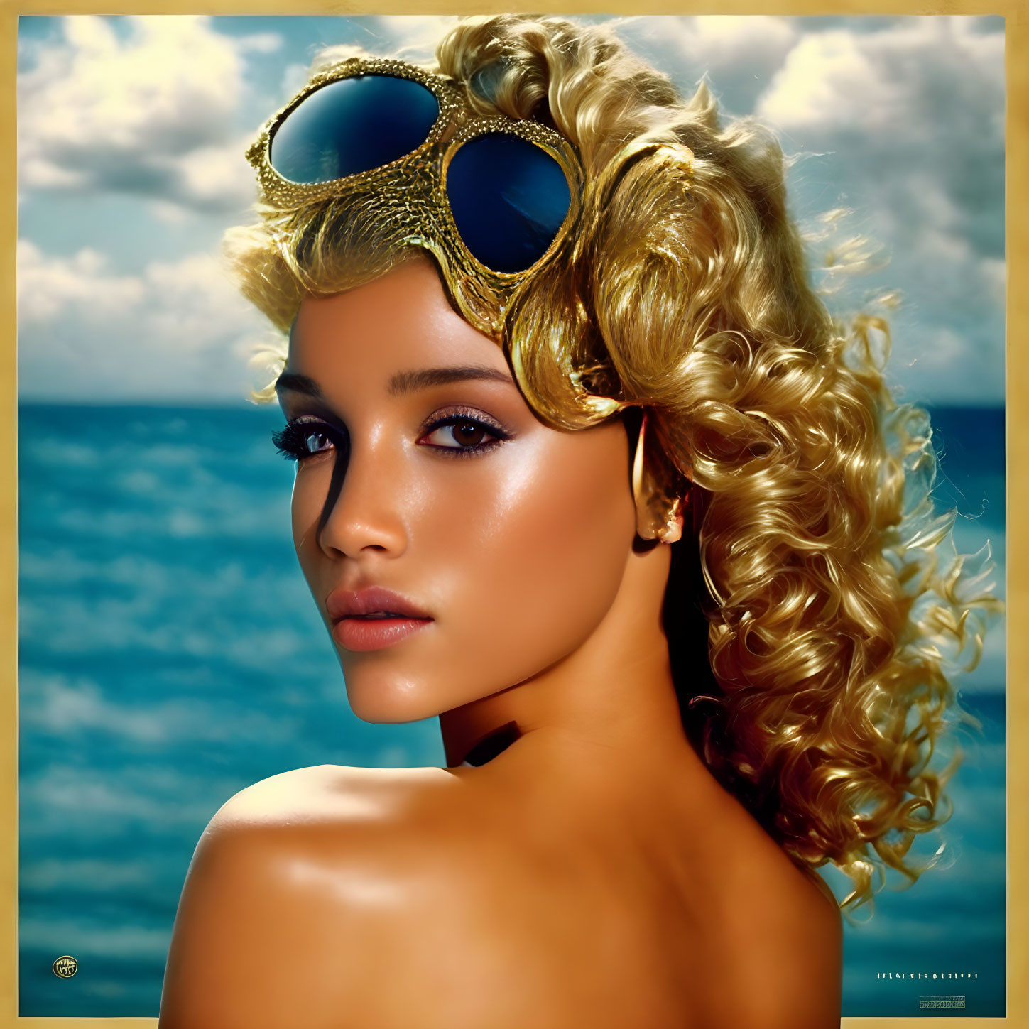 Blonde Woman with Curly Hair and Sunglasses by the Ocean