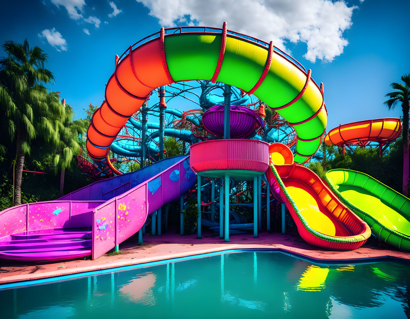 Vibrant colorful water slides over calm blue pool surrounded by lush greenery