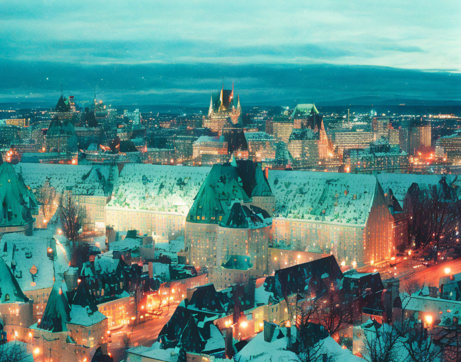 Snowy Cityscape with Historic Buildings and Warm City Lights at Twilight