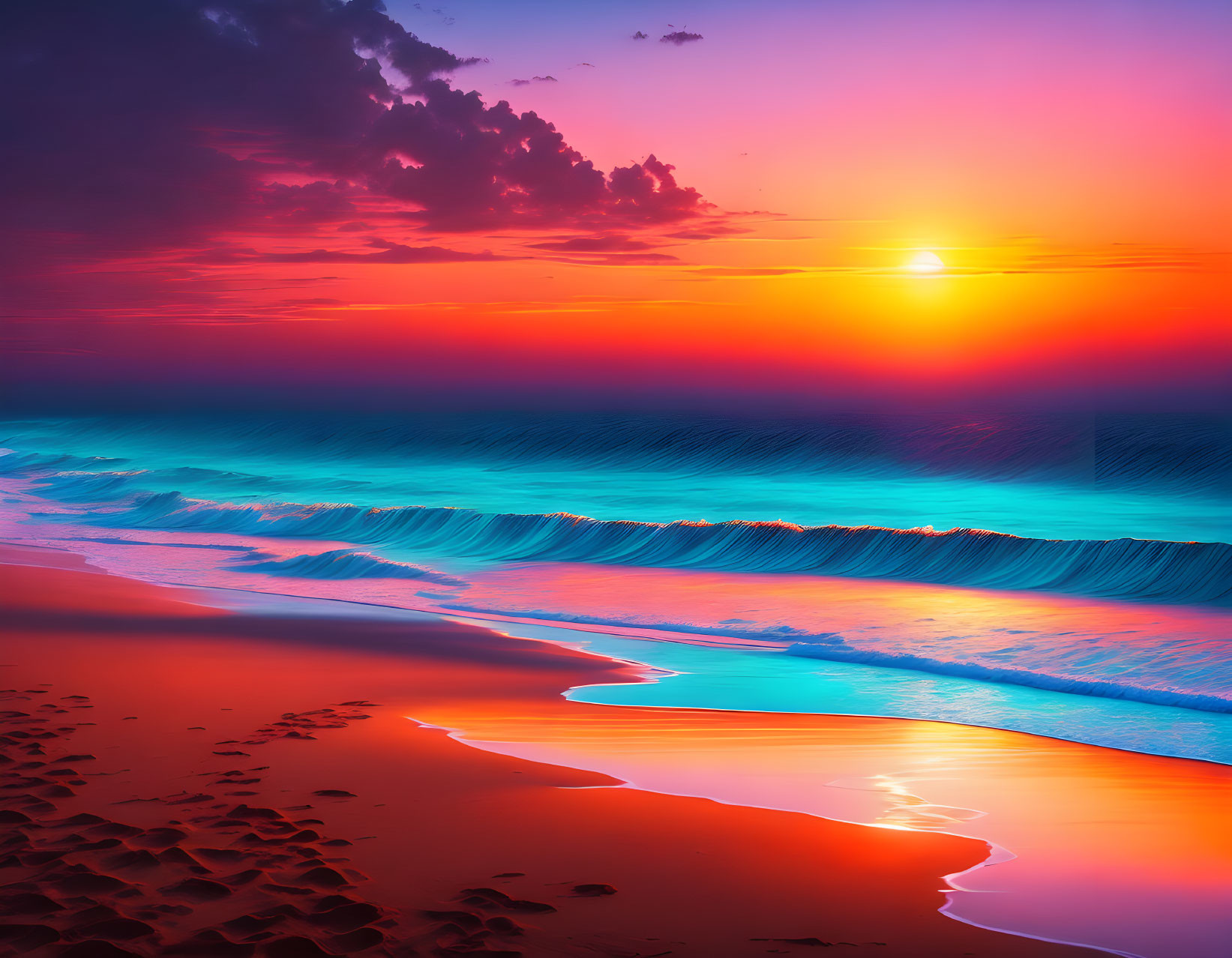 Colorful Sunset Reflecting on Beach Waves and Sand