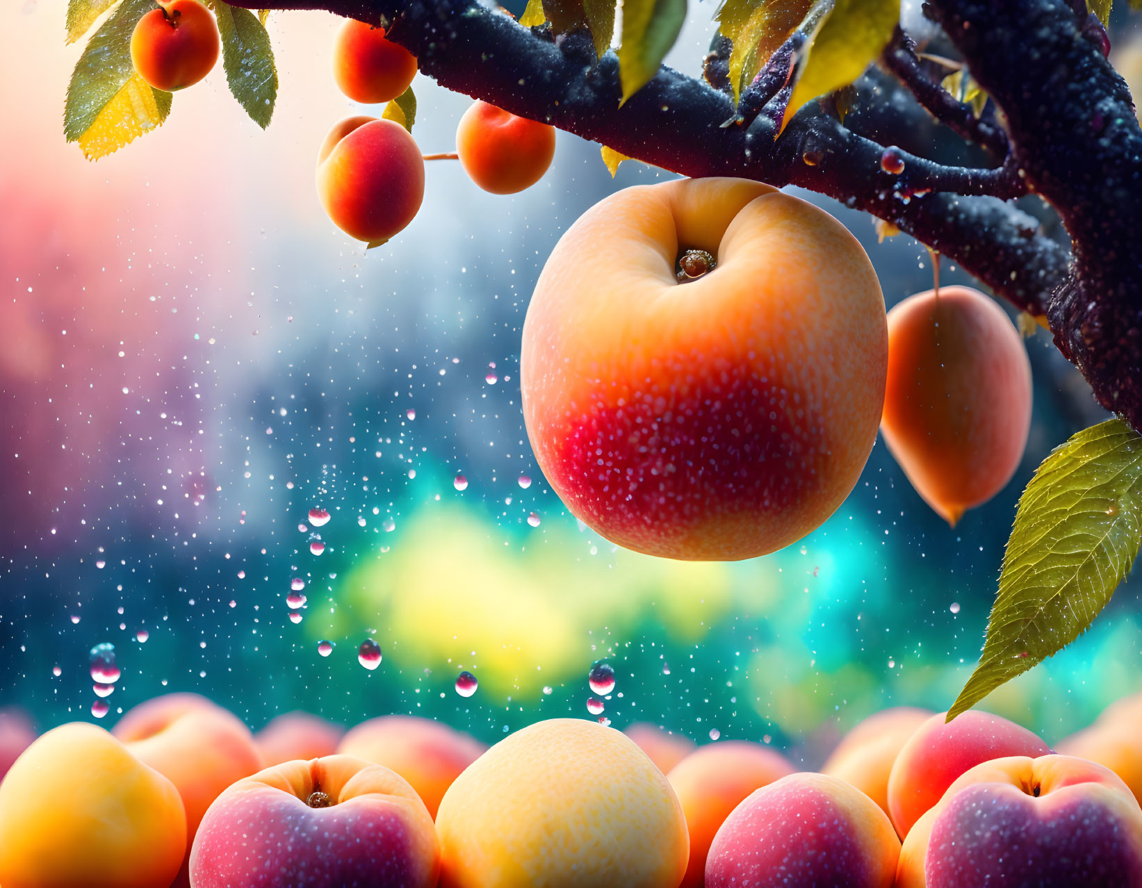 Fresh Ripe Apples on Branch with Water Droplets and Colorful Bokeh Background