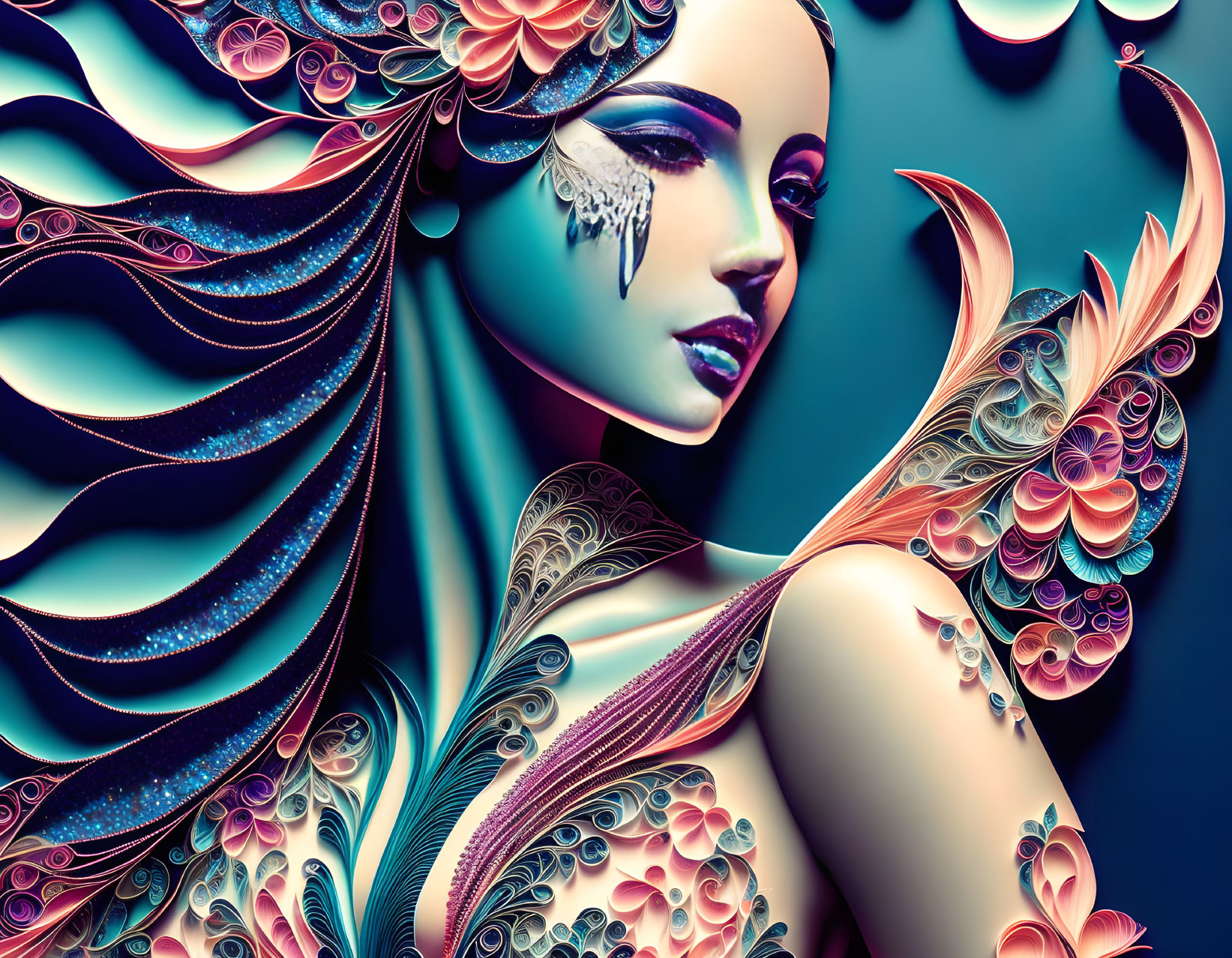 Digital artwork: Woman with flowing hair and floral patterns on teal background