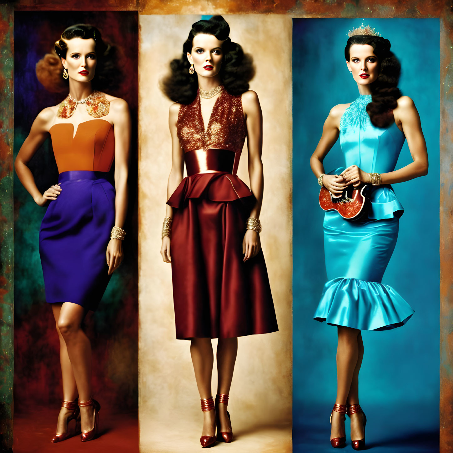 Vintage-style dresses on three models in refined poses against an artistic backdrop.