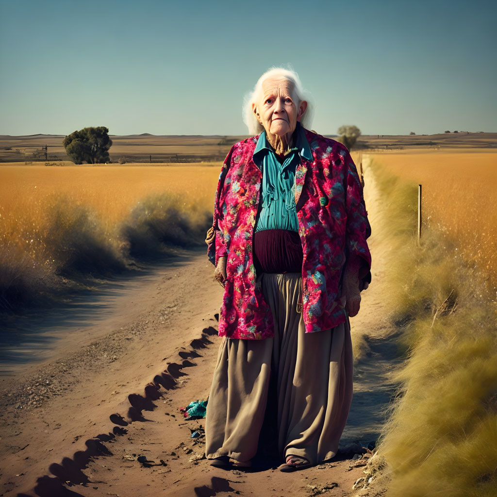 Elderly Woman in Red Jacket and Teal Scarf in Golden Field