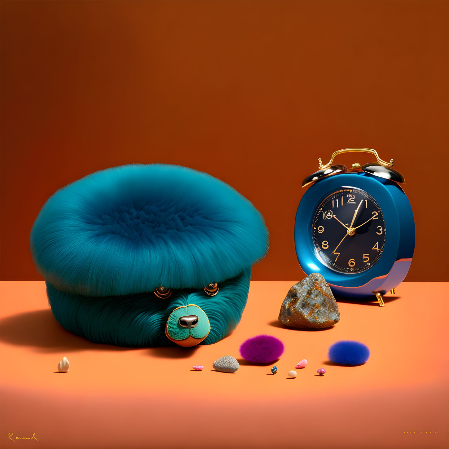 Blue fluffy creature with sad face, alarm clock, gemstones on orange background