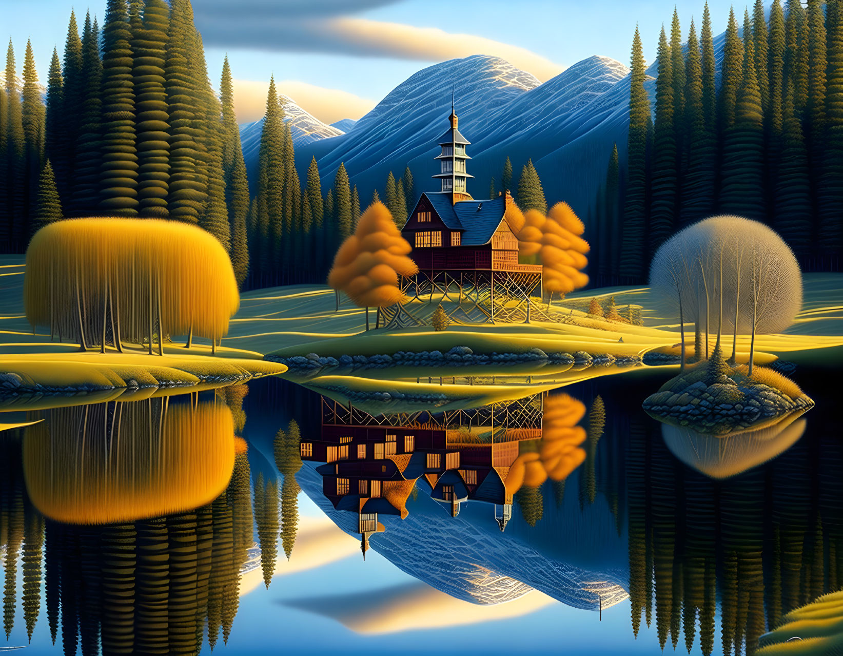 Tranquil wooden house on stilts in autumn landscape