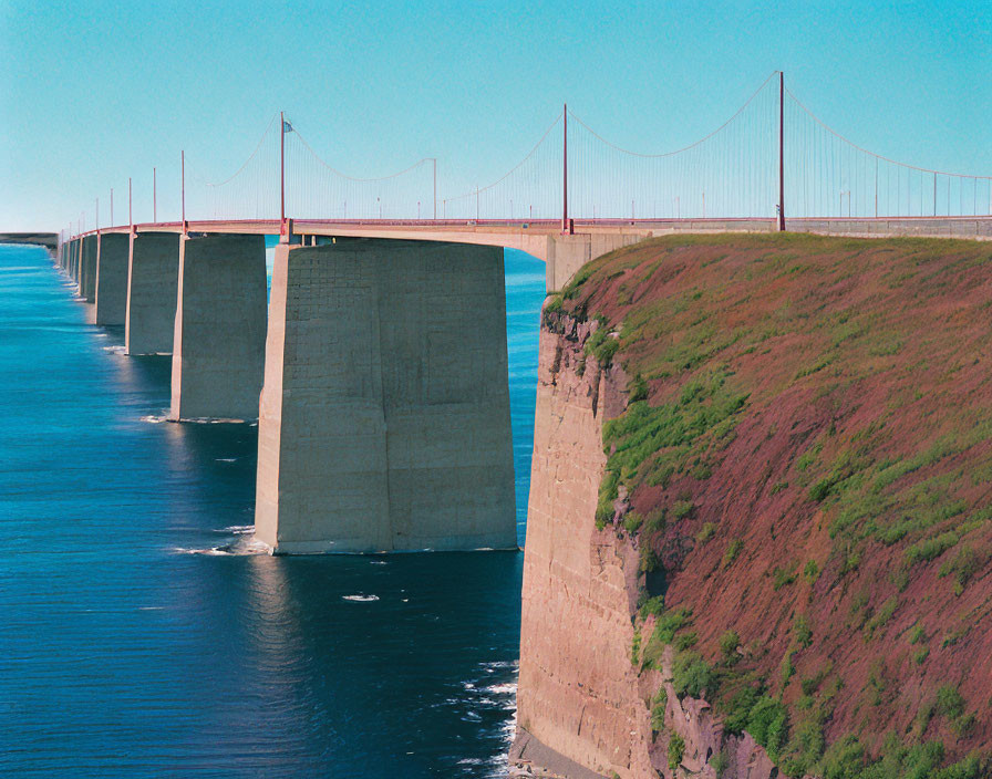 Suspension bridge over blue waterway between land masses with cliff under clear sky