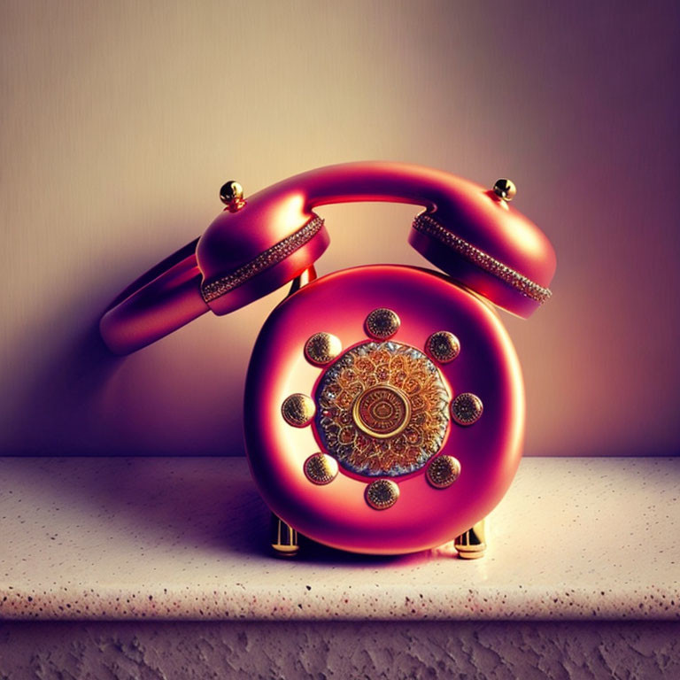 Vintage Pink Rotary Telephone with Golden Dialer Pattern on Soft Purple Background